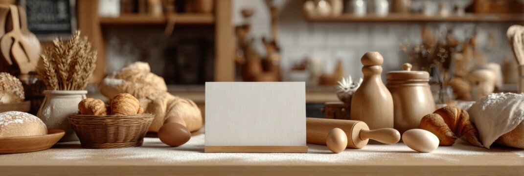 Rustic Kitchen Still Life With Blank Card, Showcasing Culinary Arts and Baking Expertise, Ideal for Food Bloggers and Recipe Developers : Generative AI