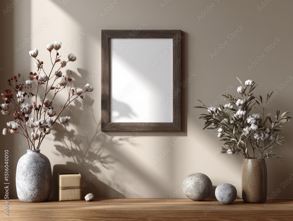 Aufkleber Blank Frame Mockup on Wall With Cotton Branches in Vases, Ideal for Interior Design Showcase and Product Presentation : Generative AI