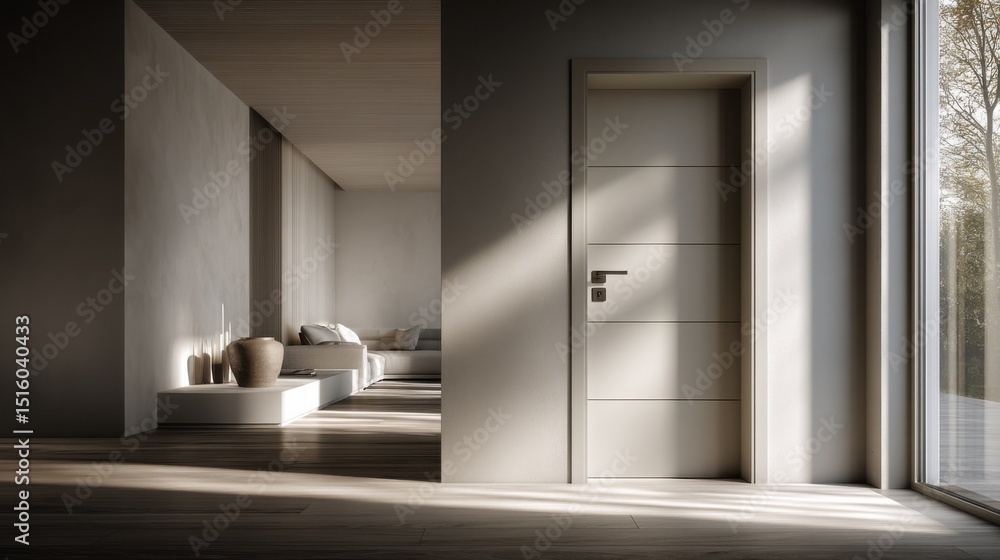 Poster modern interior with door and sunlight, showcasing minimalist design and home improvement projects w