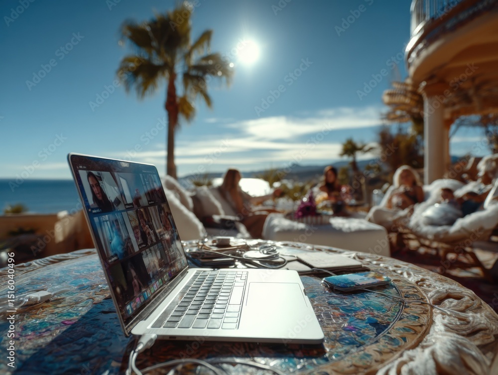 Poster Laptop Displaying Video Conference on Outdoor Table With Relaxing People in Background, Representing Remote Work and Digital Communication : Generative AI