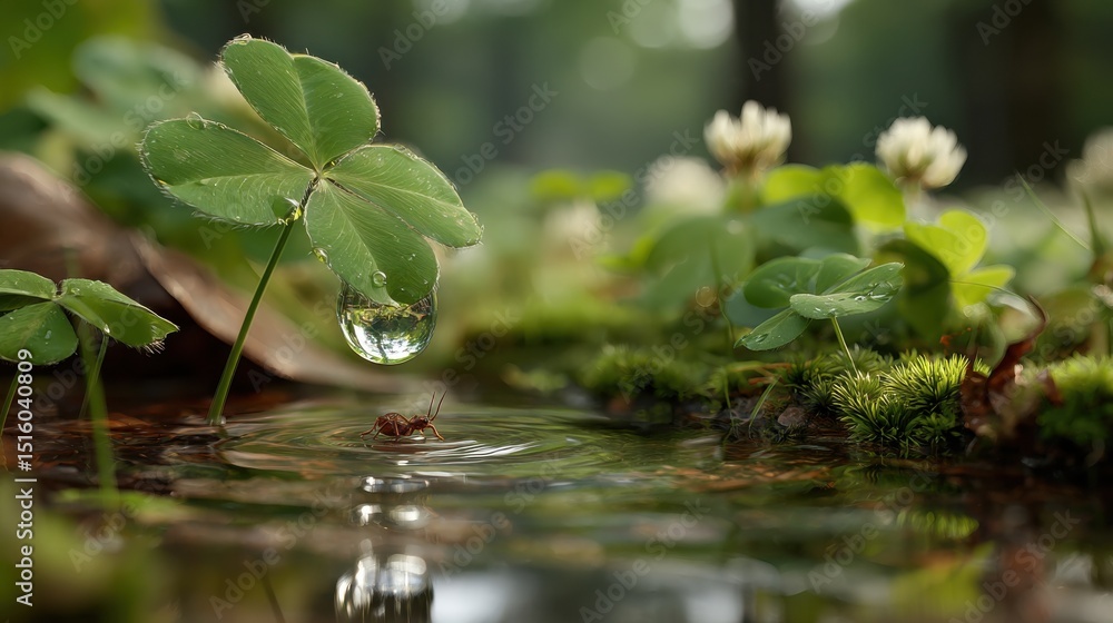Poster ant walking on water under a clover with a water drop, symbolizing environmental awareness and ecolo
