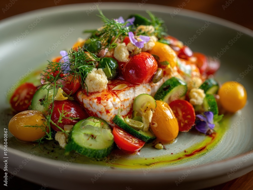 Poster fresh salad with tomatoes and cucumber on plate, showcasing healthy eating and culinary presentation
