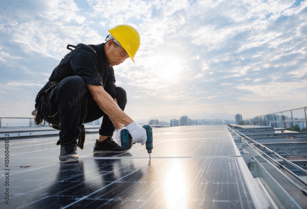 Poster solar panel installer working on rooftop array against sky, showcasing renewable energy and sustaina