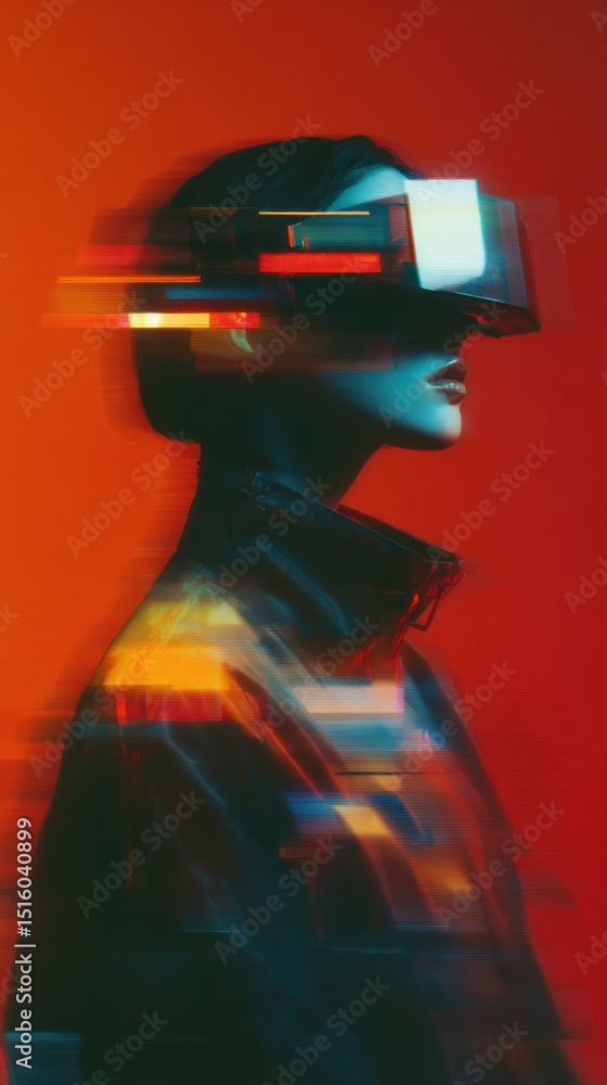 Poster woman wearing vr headset with glitch effect on red background, illustrating immersive technology and