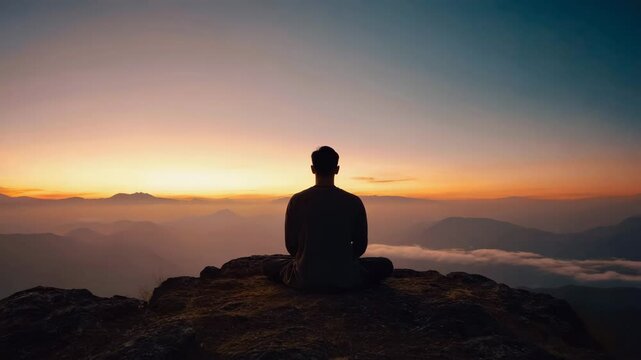 a person in silhouette, seen from behind, sitting in a meditative cross-legged pose on a rocky peak. The background features a breathtaking sunset with a sky painted in hues of orange and yellow