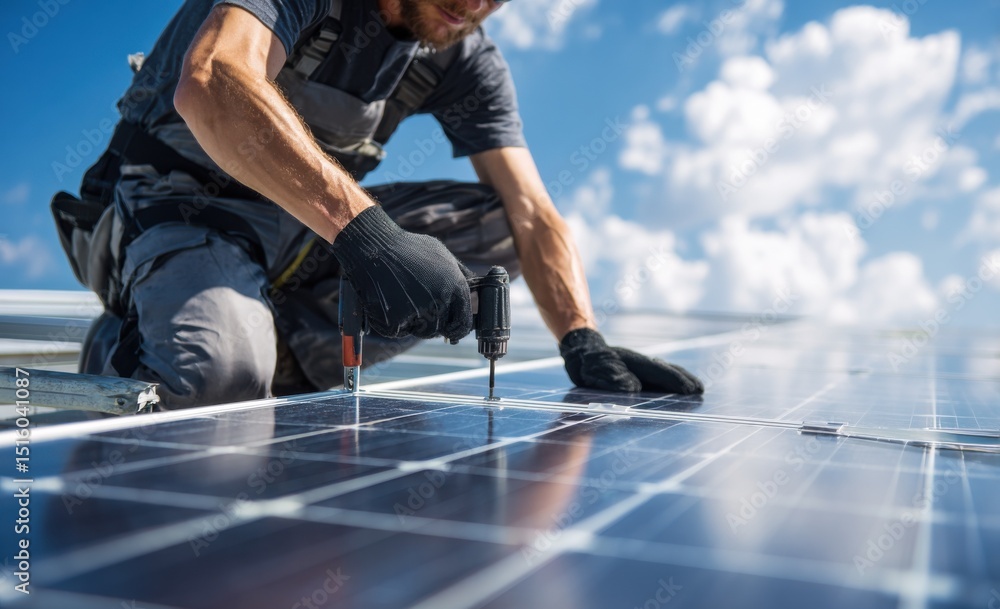 Poster man installing solar panels on rooftop against blue sky, showcasing renewable energy and sustainable