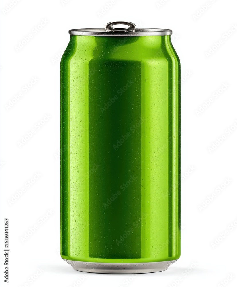 Poster refreshing green soda can with water droplets on white background, ideal for beverage marketing and 