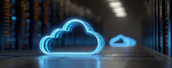 Glowing Cloud Icon in Server Room, Symbolizing Cloud Computing and Digital Transformation for Business : Generative AI