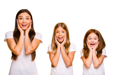Funny three sister ladies listening unexpected great novelty wear casual outfit isolated yellow background