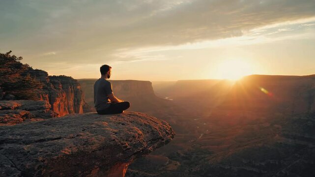 This breathtaking view captures a person in a meditating pose, seated on the very edge of a dramatic cliff overlooking an expansive canyon, during sunset. 