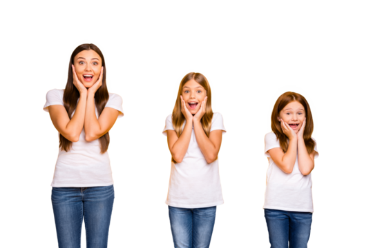 Crazy three sister ladies open mouth of unexpected great novelty wear casual outfit isolated yellow background