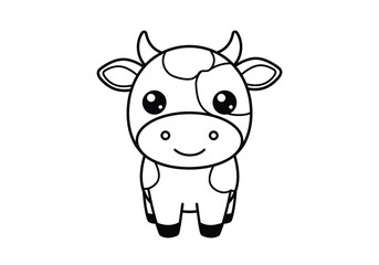 Fototapeta premium Kawaii cow drawing. It is a cute, black and white outline sketch of a kawaii-style cow with large eyes and a happy expression. Vector sketch line art draw.
