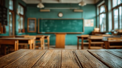 Empty school classroom with chalkboard and wooden table foreground