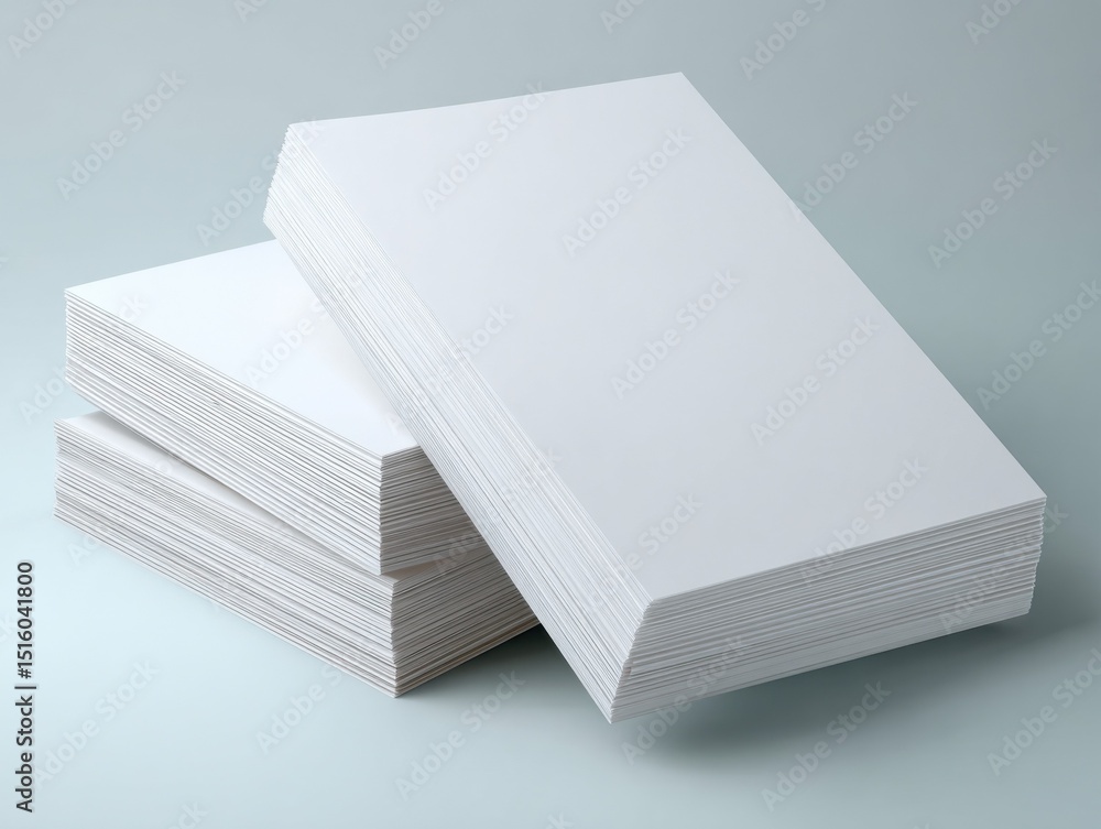 Poster stacks of white paper on a light blue surface, symbolizing organization and office efficiency for bu