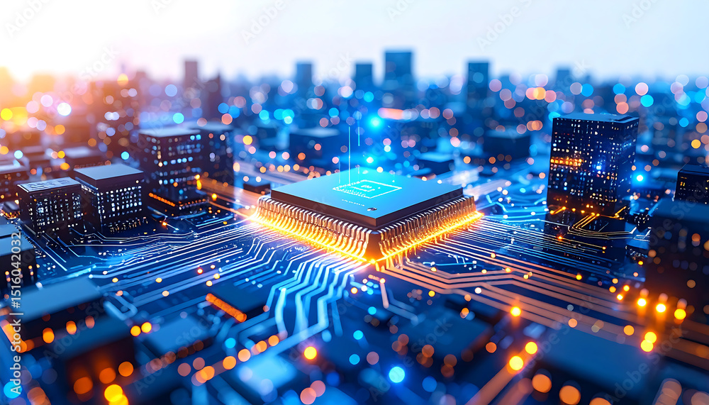 Poster a microchip is central to a futuristic digital city composed of circuit board patterns and glowing b