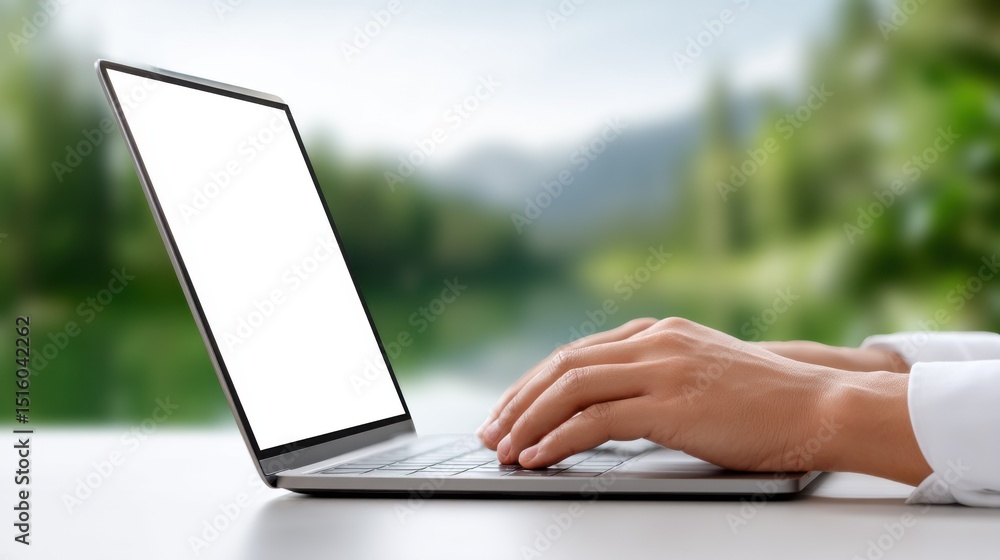 Poster person typing on laptop with blank screen against greenery, illustrating remote work and digital com