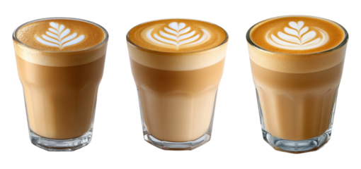 Set of glass cups with latte art