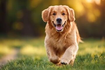 Obraz premium A Golden Retriever running through a grassy field, its fur glowing in the golden light, tongue lolling out in a happy panting smile.