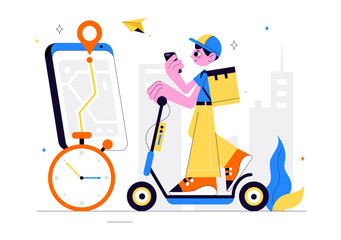 Courier or Delivery Service Vector Illustration Featuring Workers Delivering Goods Such as Food or Documents in Cardboard Package Boxes in Background