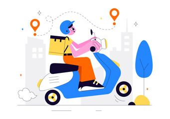 Courier or Delivery Service Vector Illustration Featuring Workers Delivering Goods Such as Food or Documents in Cardboard Package Boxes in Background