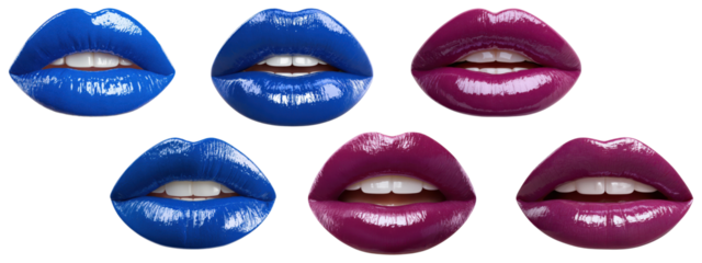 Set of glossy blue and purple lips with bold lipstick shades