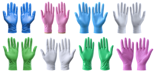 Set of colorful disposable latex gloves in pairs raised up