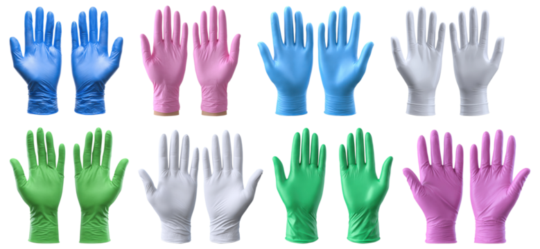 Set of colorful disposable latex gloves in pairs raised up