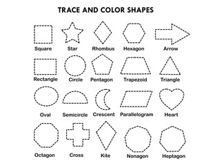 Trace and color the shape.Worksheet for kids or preschool for practice.Learning for children.Kindergartens game or activities.Geometric figures.School, teacher and student.Vector illustration.