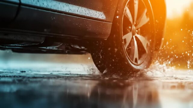 Rainy asphalt road with a car tire splashing water, showcasing dynamic motion and wetness.