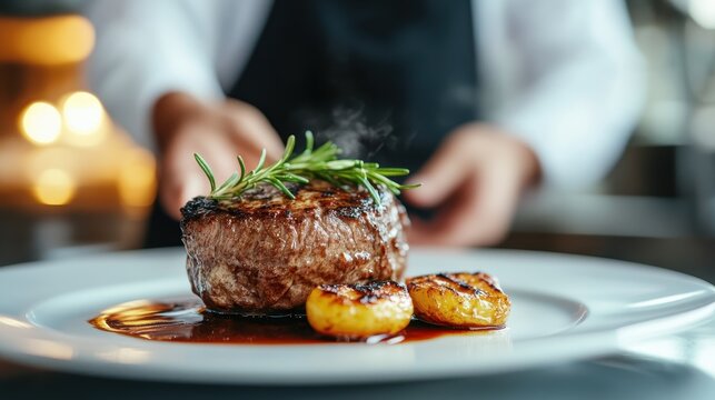 A gourmet steak garnished with fresh rosemary served alongside perfectly grilled potatoes, highlighting culinary excellence and the art of fine dining at its best. - Powered by Adobe