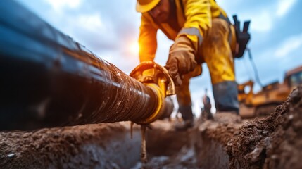 A construction worker focused on installing a pipeline in a trench, emphasizing hard work and dedication in an industrial setting filled with machinery and teamwork.