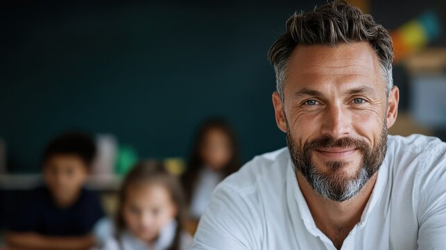 A cheerful male teacher with a beard smiles warmly in a classroom setting, embodying approachability, engagement, and the joy of learning for children in the background.