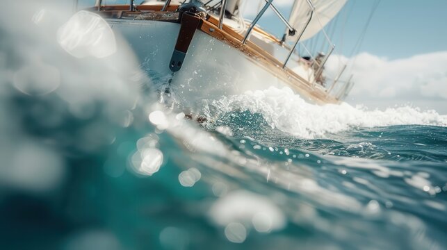 A sailboat gracefully navigates through glittering waves under a clear sky, symbolizing freedom and adventure on the open sea filled with promise and exploration.