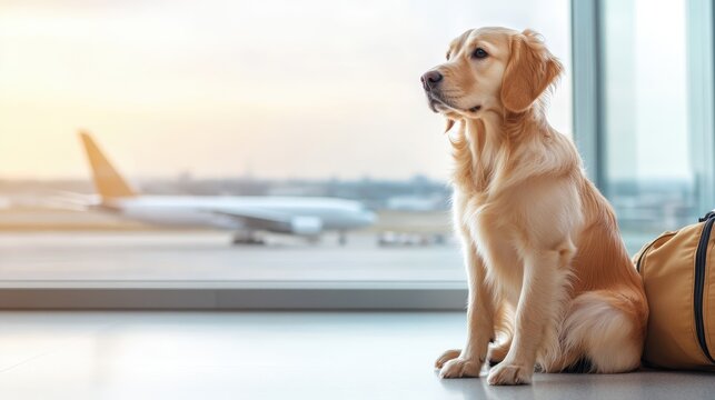 A golden retriever patiently watches at the airport lounge, representing loyalty and companionship while embodying the emotions of travelers meeting loved ones and journeys. - Powered by Adobe