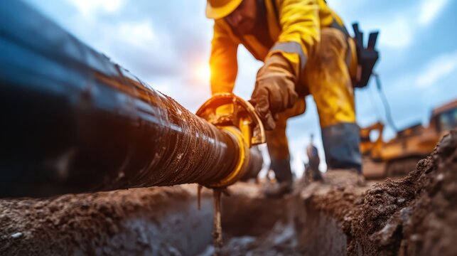 A construction worker focused on installing a pipeline in a trench, emphasizing hard work and dedication in an industrial setting filled with machinery and teamwork.