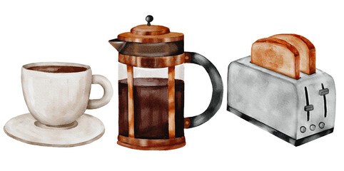 Cup of coffee press and toaster, morning clipart watercolor illustration