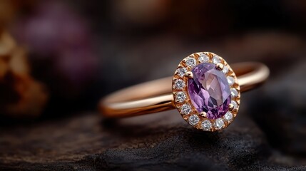 An exquisite purple gemstone ring surrounded by diamonds on a richly detailed display that highlights its elegance and charm, perfect for special occasions or gifts.