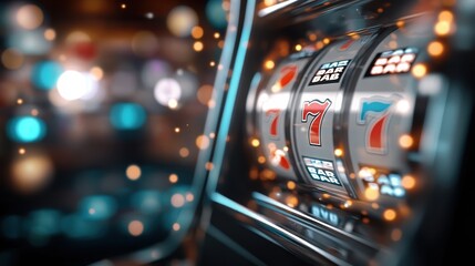 An eye-catching close-up image of a slot machine featuring vibrant symbols like the lucky number seven, perfect for capturing the excitement of gambling and casinos.