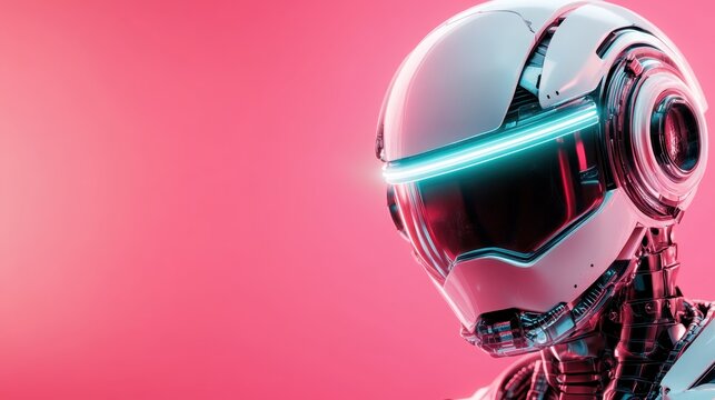 A close-up view of a sleek, modern robotic head featuring vibrant neon lights, showcasing the blend of technology and art in a futuristic concept.