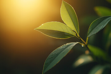 A glowing dew drop clings to a green leaf at sunrise, captured in perfect macro focus, radiating purity and calm through minimalist, high-end visual storytelling.