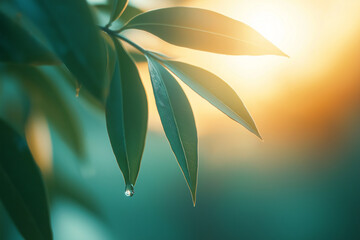 A glowing dew drop clings to a green leaf at sunrise, captured in perfect macro focus, radiating purity and calm through minimalist, high-end visual storytelling.