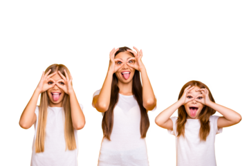 Three sister ladies holding okey symbols near eyes like specs fooling around wear casual outfit isolated yellow background