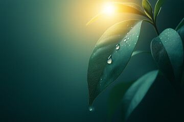 A glowing dew drop clings to a green leaf at sunrise, captured in perfect macro focus, radiating purity and calm through minimalist, high-end visual storytelling.