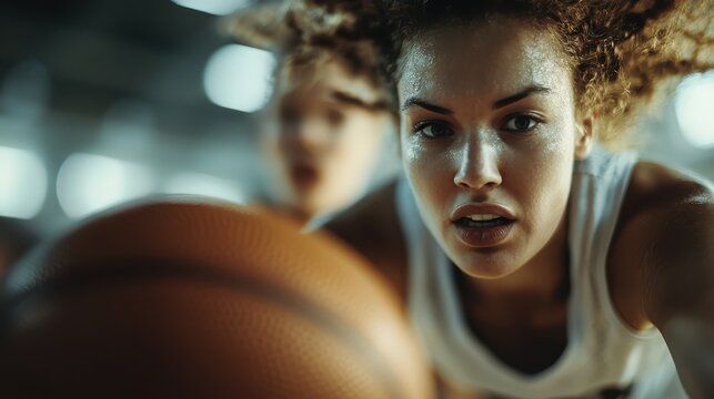 A dynamic image capturing a focused basketball player reaching for the ball, embodying determination and athleticism in a high-energy sports environment.