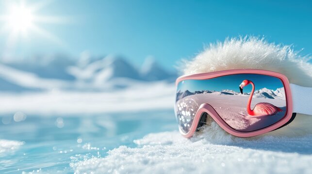 This imaginative image features a playful flamingo reflected in ski goggles resting on snow, merging fun and winter scenery in a whimsical and unique way. - Powered by Adobe