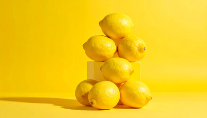 Seven vibrant yellow lemons are stacked in a pyramid on a yellow platform against a matching yellow background, casting distinct shadows.
