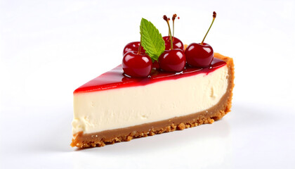 Slice of cheesecake topped with cherry glaze and fresh cherries on a white background.