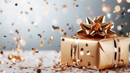 A beautifully wrapped golden gift box sits elegantly, surrounded by shimmering confetti, symbolizing celebration and joy during special occasions and festivities.