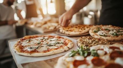A tempting array of freshly baked pizzas showcase various toppings, inviting viewers to indulge in a satisfying meal perfect for gatherings or casual dining experiences.