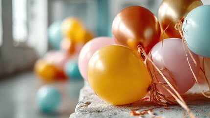 A collection of vibrant balloons on a surface evokes joy and celebration, embodying the spirit of happiness and festivities in an inviting space.